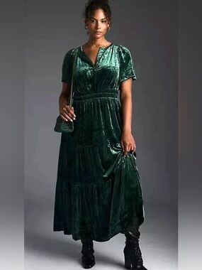 Anthropologie Deep Green Velvet Tiered Maxi Dress